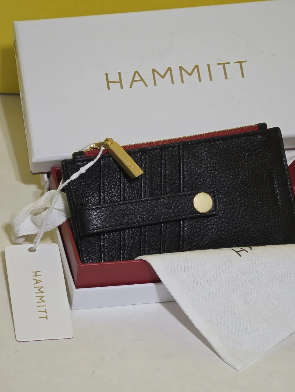 Hammitt Black Leather Card Wallet with Red Zipper and Gold Hardware - Picture 2 of 4
